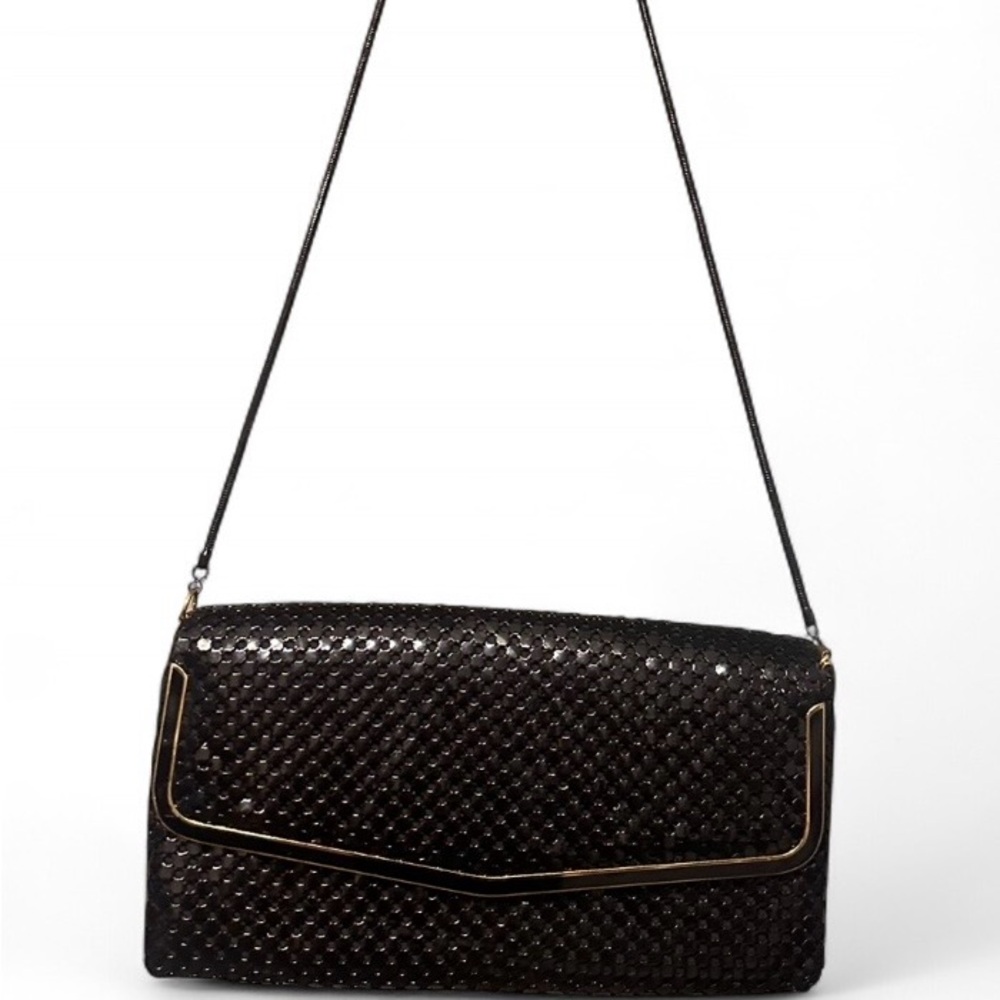 Vintage Black Metal Mesh Shoulder Bag with Gold Trim Evening Clutch Purse